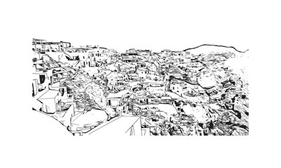 Building view with landmark of Oia is the 
village in Greece. Hand drawn sketch illustration in vector.