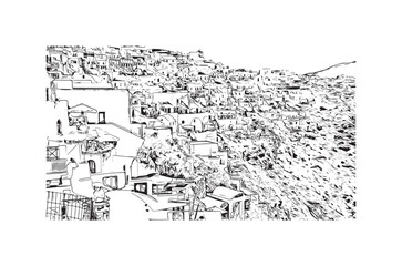 Fototapeta na wymiar Building view with landmark of Oia is the village in Greece. Hand drawn sketch illustration in vector.