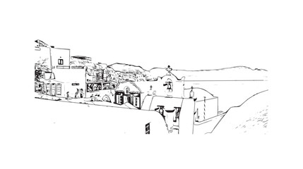 Building view with landmark of Oia is the 
village in Greece. Hand drawn sketch illustration in vector.