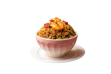 Combination of Peruvian style chaufa, chicken, pork and vegetables