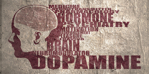 Illustration of a human head with brain textured by line and dots pattern. Dopamine relative words cloud