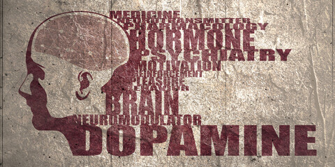 Fototapeta premium Illustration of a human head with brain textured by line and dots pattern. Dopamine relative words cloud
