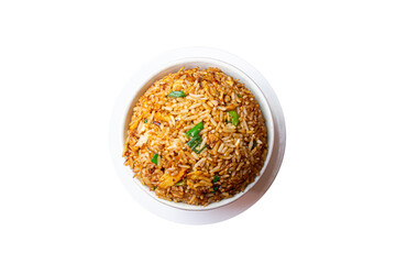 Combination of Peruvian style chaufa, chicken, pork and vegetables