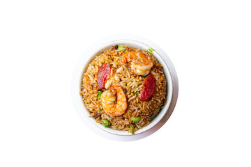 Combination of Peruvian style chaufa, chicken, pork and vegetables