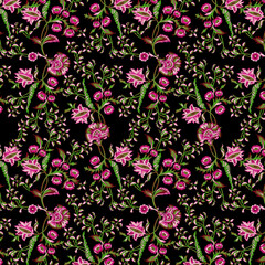 Ornate floral print with large flowers, wild rose buds, and leaves. Seamless pattern with pink flowers, and green leaves of wild roses on a yellow background. Botanic background design.