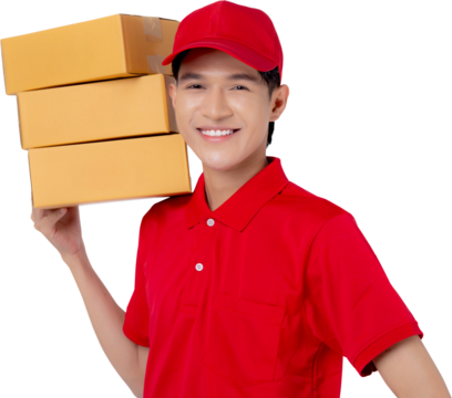 Young asian man in uniform red and cap standing carrying box stack transparent, employee holding cargo or package, courier and delivery, transportation and service, logistic and cargo.