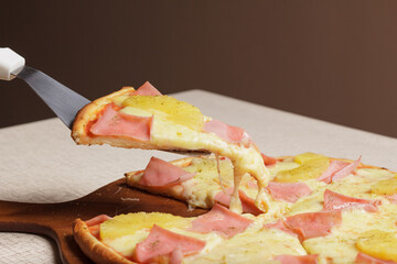 Delicious pizza served on wooden plate  - Imagen