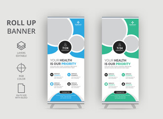 New Modern Abstract Medical Clinic Roll Up Banner, Creative Minimal x Banner, Modern Minimalist Professional and Corporate Medical roll up banner vector template design
