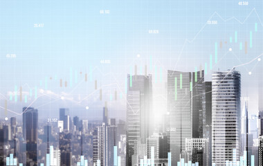 Financial graphs and digital indicators overlap with modernistic urban area, skyscrabber for stock market business concept. Double exposure.