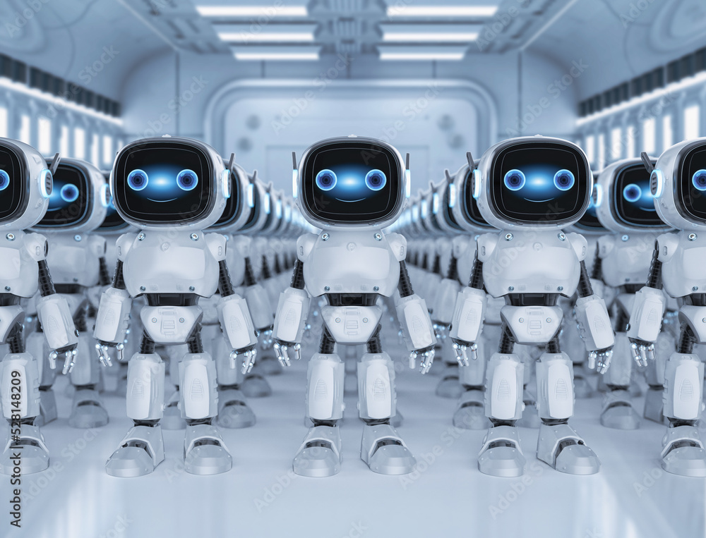Poster group of small robot assistant in factory