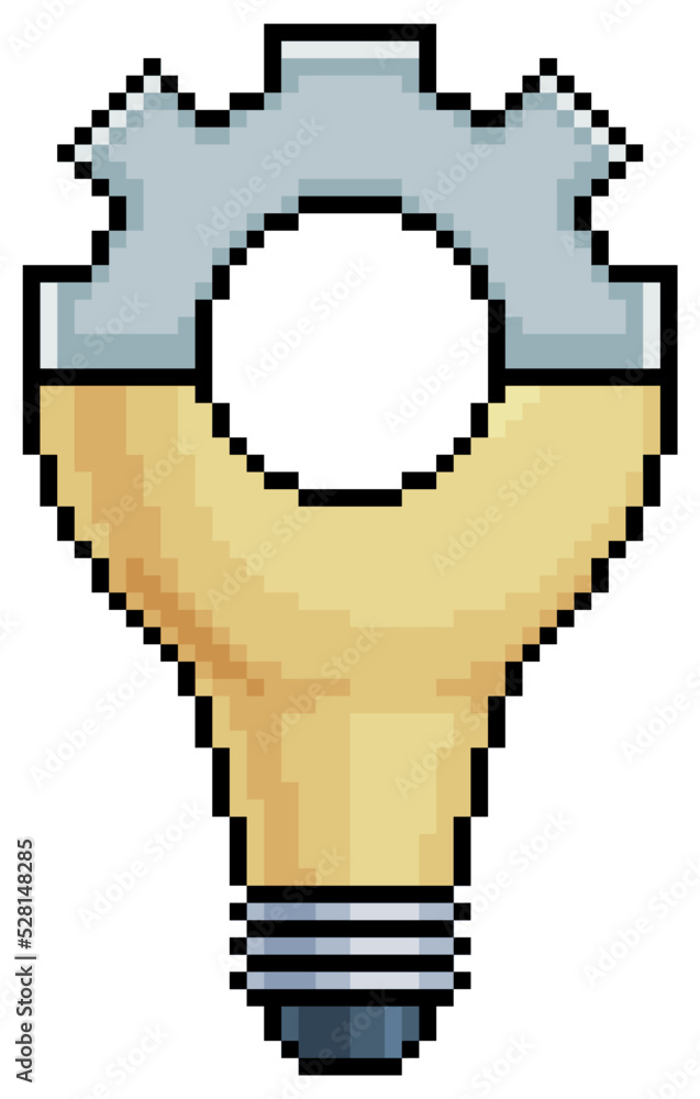 Poster pixel art lamp gear. idea and strategy concept vector icon for 8bit game on white background