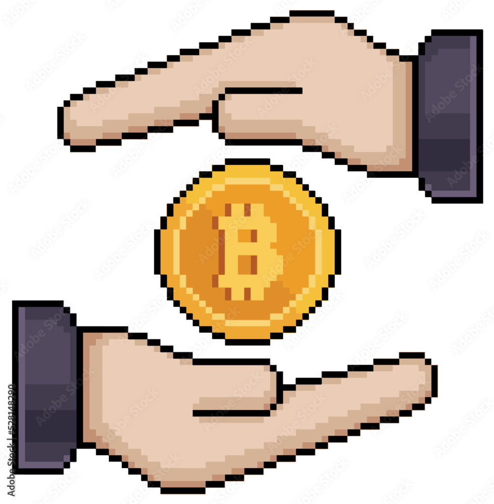 Poster pixel art hands holding bitcoin vector icon for 8bit game on white background