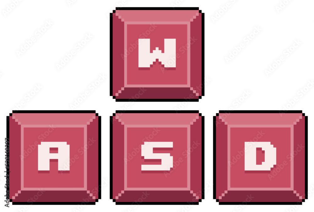 Poster pixel art keys w,a,s,d. computer keys vector icon for 8bit game on white background