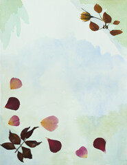 Greeting floral card with bright spring pressed flowers on pastel watercolor background. Collection of pressed and dried flowers for wallpapers, weddings, greeting or invitation cards