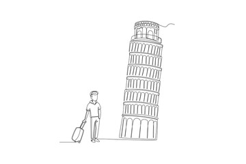 Continuous one line drawing young businessman with suitcase travel to Pisa tower in Italy. Landmark concept. Single line draw design vector graphic illustration.