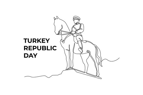 Single one line drawing Ataturk on his horse. Turkey Republic day concept. Continuous line draw design graphic vector illustration.