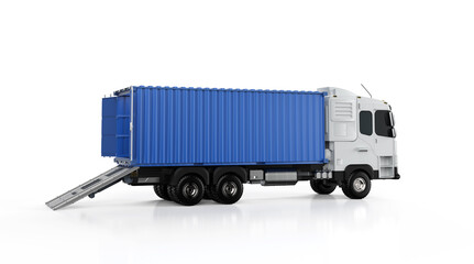 Logistic trailer truck or lorry with container open on white background