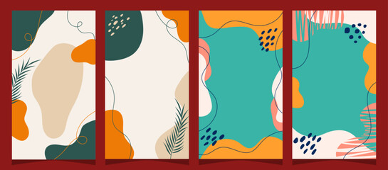 Social media stories and post creative Vector set. Background template with copy space for text and images design by abstract colored shapes, line arts , Tropical leaves warm color of the earth tone