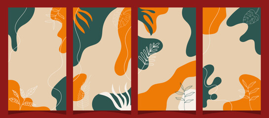 Social media stories and post creative Vector set. Background template with copy space for text and images design by abstract colored shapes, line arts , Tropical leaves warm color of the earth tone