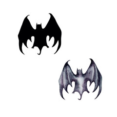 Bat 2 with shadow from family of Halloween bats. Hand-painted in watercolor. The elements are isolated on a white background.