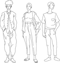 Fashion teenagers man and women minimalist style art hand drawing black and white