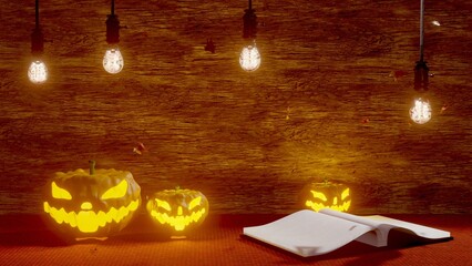 Halloween night with the Jack-o'-Lanterns pumpkin illuminated orange, swaying light bulbs, falling autumn leaves and magic book at halloween holiday night room.