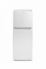 Front view of a silver refrigerator isolated on white background.