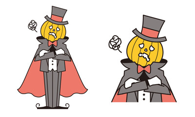 腕組みして悩んでいるマントをなびかせた頭がカボチャのドラキュラ男爵のイラスト素材。
