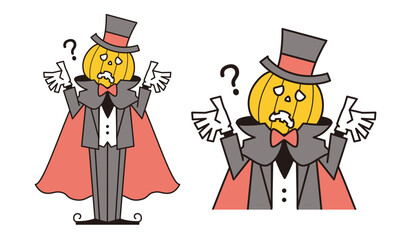首を傾げてWhy?のポーズをするマントをなびかせた頭がカボチャのドラキュラ男爵のイラスト素材。