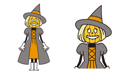 普通に立っているドレスを着た頭が南瓜の魔女のイラスト素材。