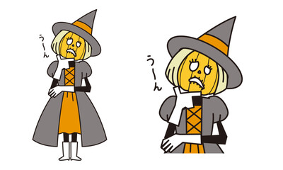 手を顎にあて考えているドレスを着た頭が南瓜の魔女のイラスト素材。
