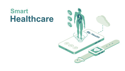 Smart healthcare concept. Smartwatch or smart gadget for tracking the physical indicators of the body. Display the analysis results on a smartphone. Vector illustration isometric design.