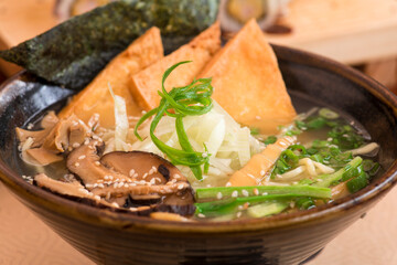 vegetarian Ramen soup with noodles and fried tofu japan food