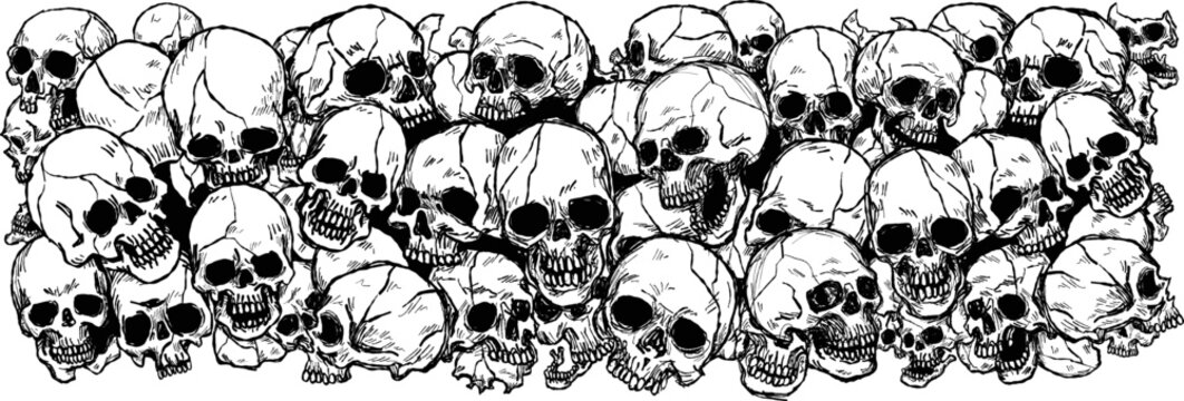 
A pile of skulls human skulls with many shaped background tattoo hand drawing vectors art lines