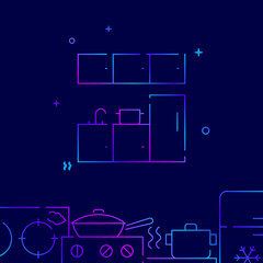 Kitchen set gradient line vector icon, simple illustration on a dark blue background, kitchenware related bottom border.