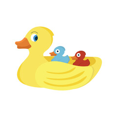 Yellow duck toy. Inflatable rubber duck. Vector illustration, flat design element, cartoon style, isolated on a white background.