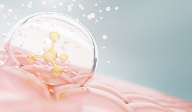 Molecule inside Transparent liquid bubble on soft background, concept skin care cosmetics solution. 3d rendering.