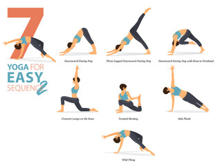 7 Yoga poses or asana posture for workout in easy sequence concept. Women exercising for body stretching. Fitness infographic. Flat cartoon vector