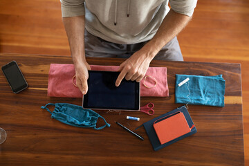 Close up of a piece of a red materials for coronavirus Covid19 mask