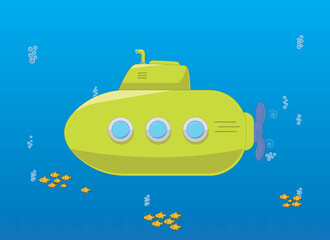 Obraz premium Yellow Submarine underwater with fish, cartoon style, with periscope, underwater ship bathyscaphe, Diving Exploring At the Bottom of Sea Flat design. Vector. children carton, vector