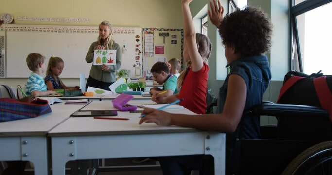 Two girls raising their hands in the class