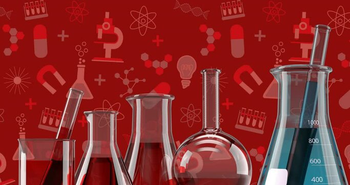 Multiple laboratory beakers against science concept icons on red blackground