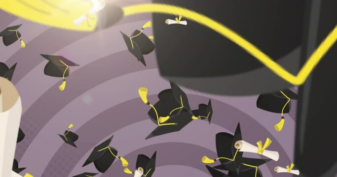 Multiple graduation hat and diploma icons falling  against multiple circles on purple background