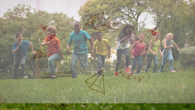 Mathematical equations and diagrams against group of kids running in the garden