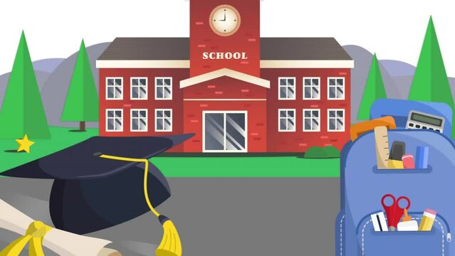 Graduation hat, diploma and bag pack icons against school building icon