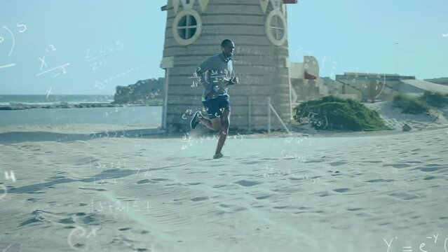 Animation of man running over animated background with mathematical equations
