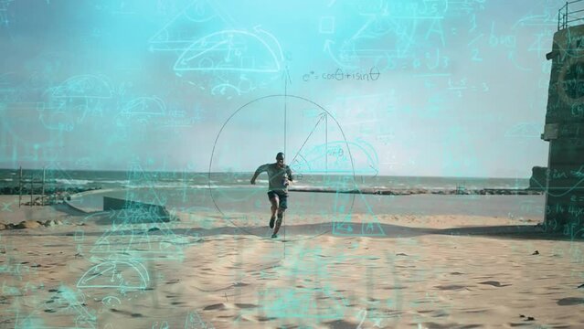 Animation of man running over animated background with mathematical equations