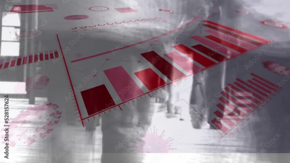 Poster financial data processing and coronavirus cells over commuters walking.