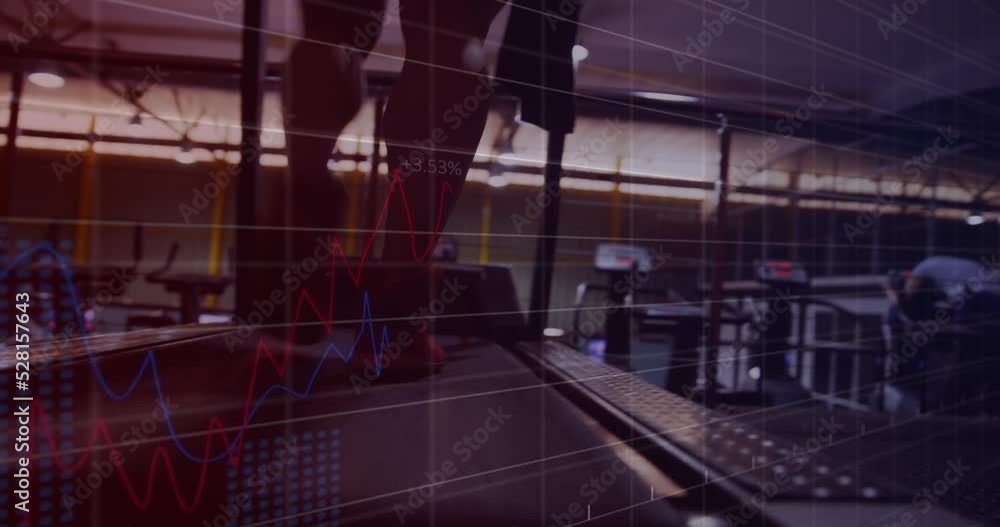 Aufkleber financial data processing over man running on treadmill in gym.