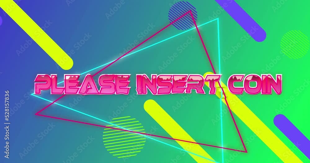 Aufkleber please insert coin video game screen over abstract shapes on gradient